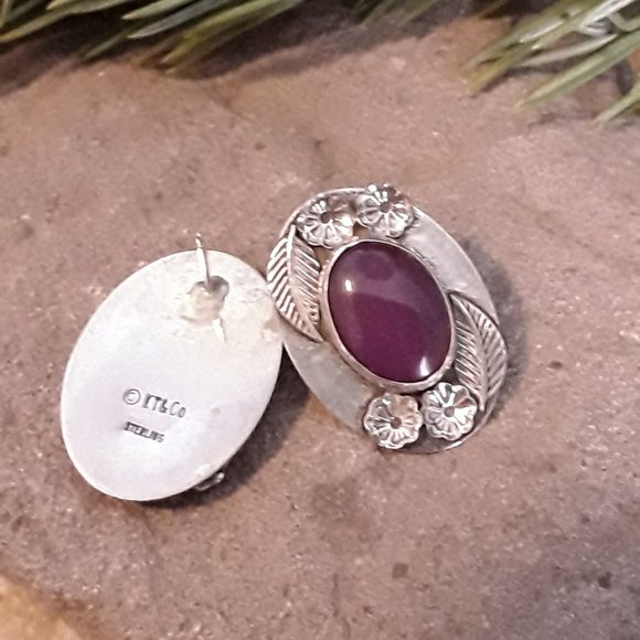 Southwestern Style Sterling & Sugilite Cabochon Leaf and Flower Post Earrings - Picture 3 of 5